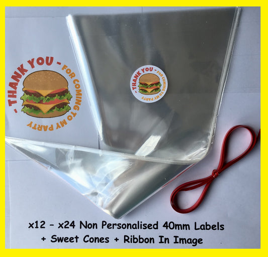 12/24 Non Personalised Burger Birthday Party Labels + Sweet Cones Kit