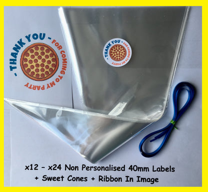 12/24 Non Personalised Pizza Birthday Party Labels + Sweet Cones Kit