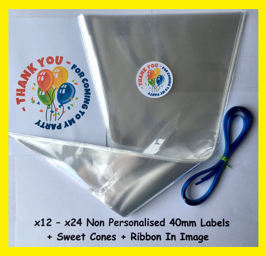 12/24 Non Personalised Balloons Birthday Party Labels + Sweet Cones Kit