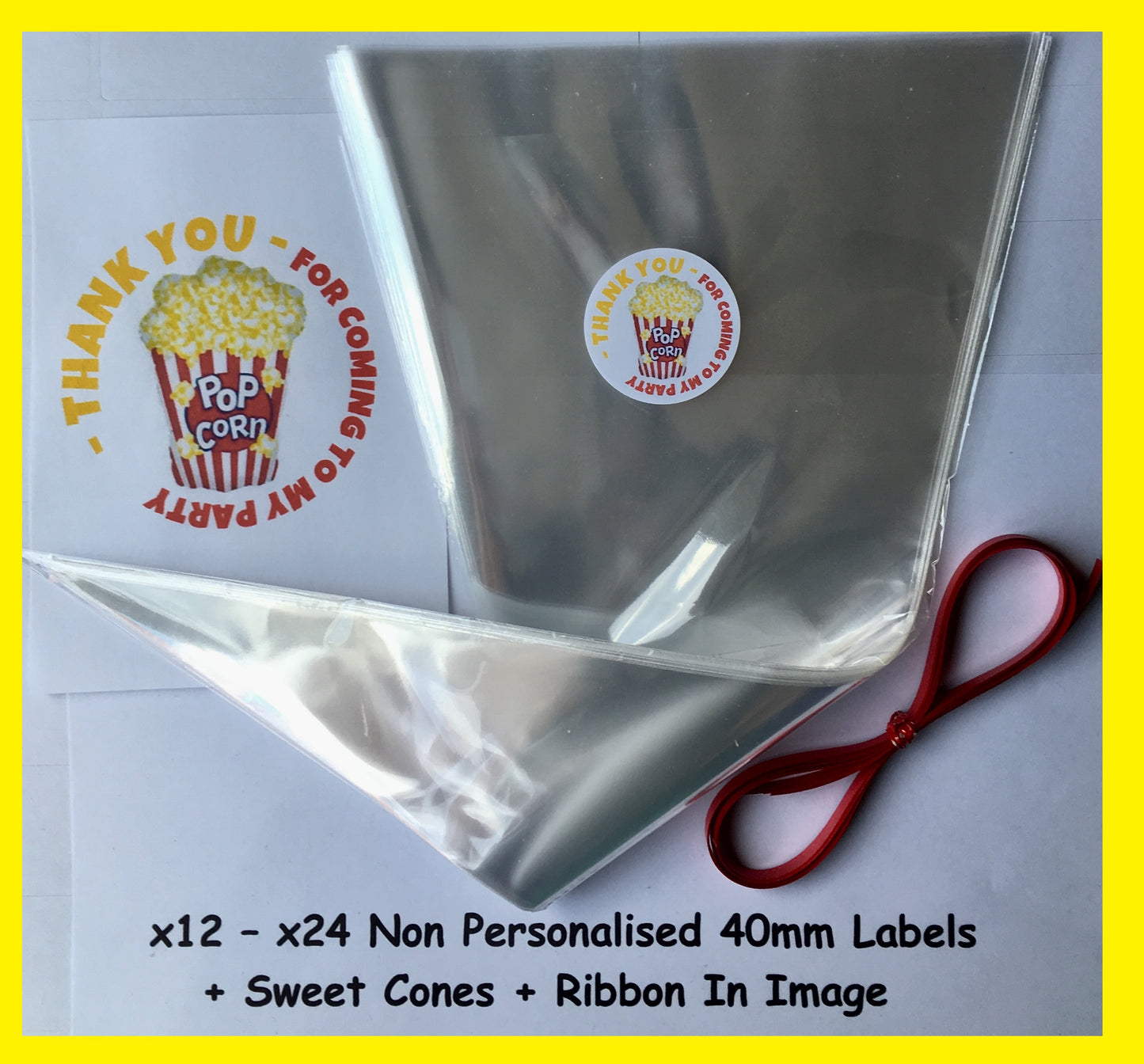 12/24 Non Personalised Popcorn Birthday Party Labels + Sweet Cones Kit