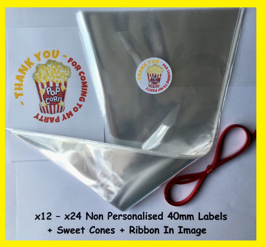 12/24 Non Personalised Popcorn Birthday Party Labels + Sweet Cones Kit