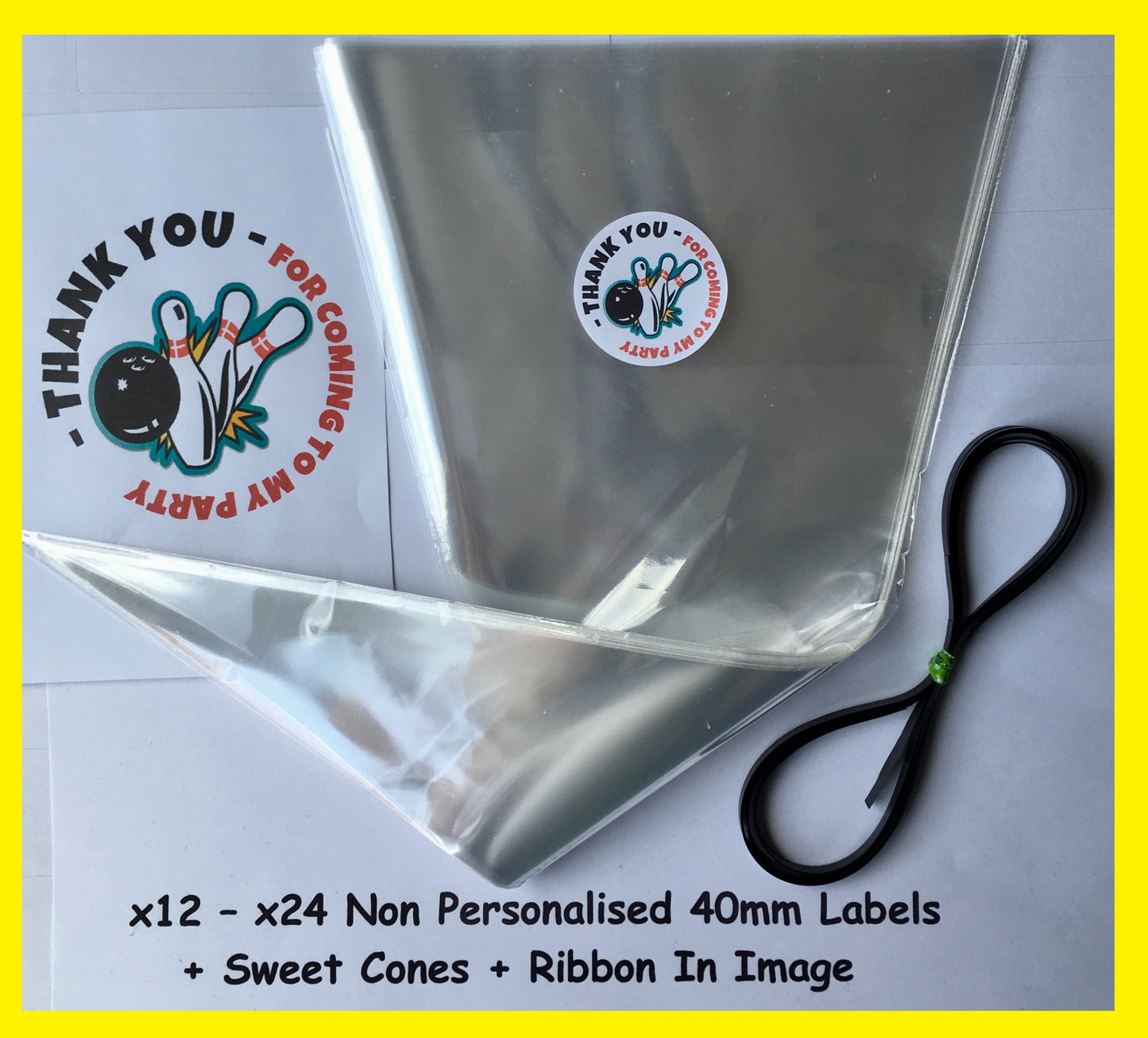 12/24 Non Personalised Bowling Birthday Party Labels + Sweet Cones Kit