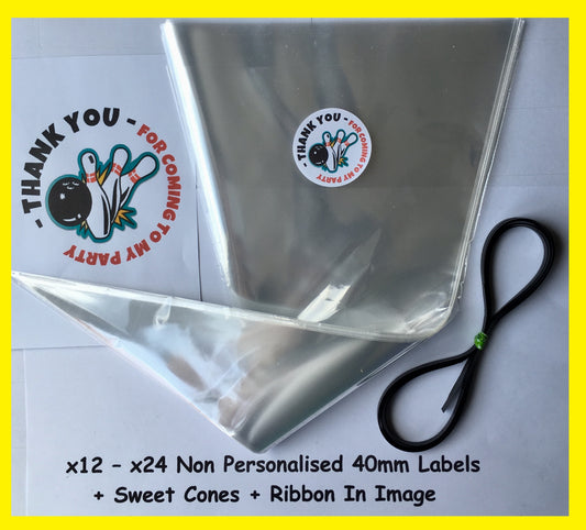 12/24 Non Personalised Bowling Birthday Party Labels + Sweet Cones Kit