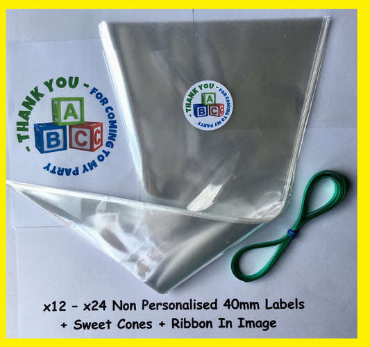 12/24 Non Personalised ABC Birthday Party Labels + Sweet Cones Kit