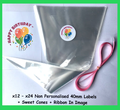12/24 Non Personalised Pink Balloons Birthday Party Labels + Sweet Cones Kit