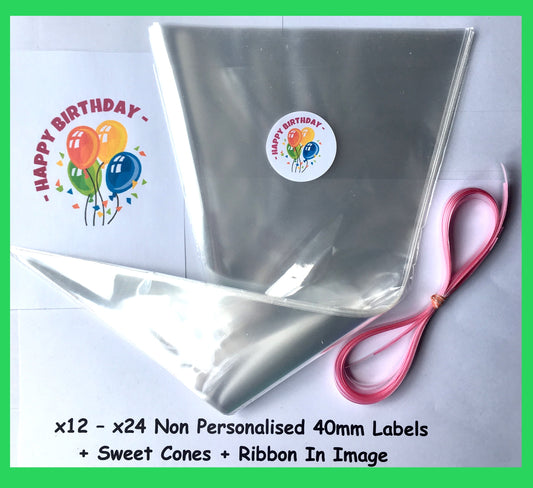 12/24 Non Personalised Pink Balloons Birthday Party Labels + Sweet Cones Kit