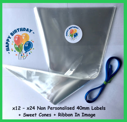 12/24 Non Personalised Blue Balloons Birthday Party Labels + Sweet Cones Kit