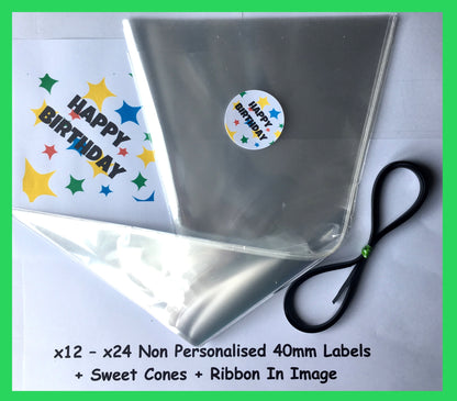 12/24 Non Personalised Happy Birthday Stars Party Labels + Sweet Cones Kit