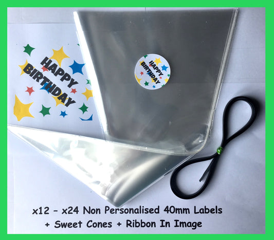 12/24 Non Personalised Happy Birthday Stars Party Labels + Sweet Cones Kit
