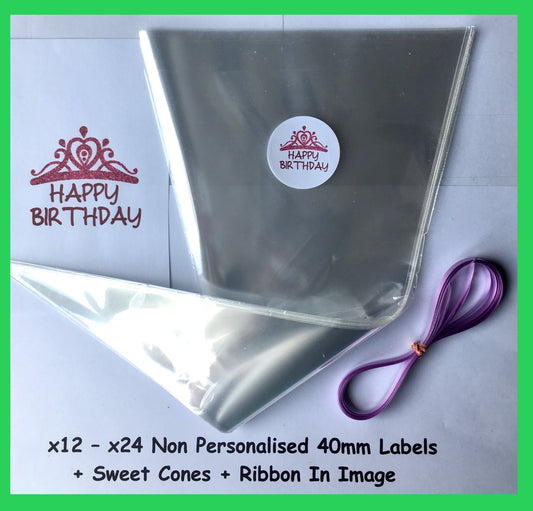 12/24 Non Personalised Happy Birthday Tiara Party Labels + Sweet Cones Kit