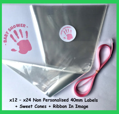 12/24 Non Personalised Pink Baby Shower Party Labels + Sweet Cones Kit