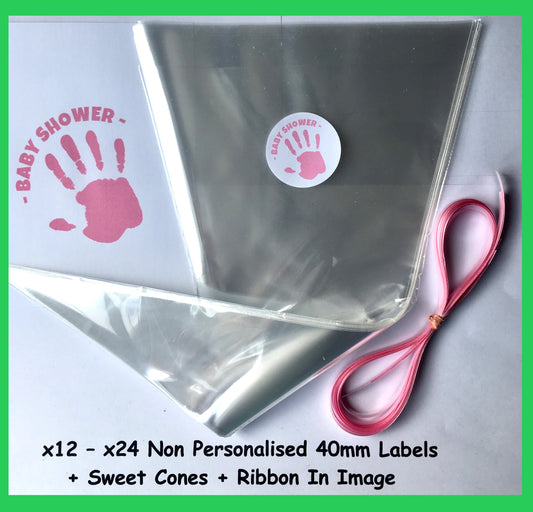 12/24 Non Personalised Pink Baby Shower Party Labels + Sweet Cones Kit