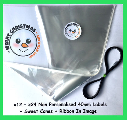 12/24 Non Personalised Christmas Snowman Soup Labels + Sweet Cones Kit