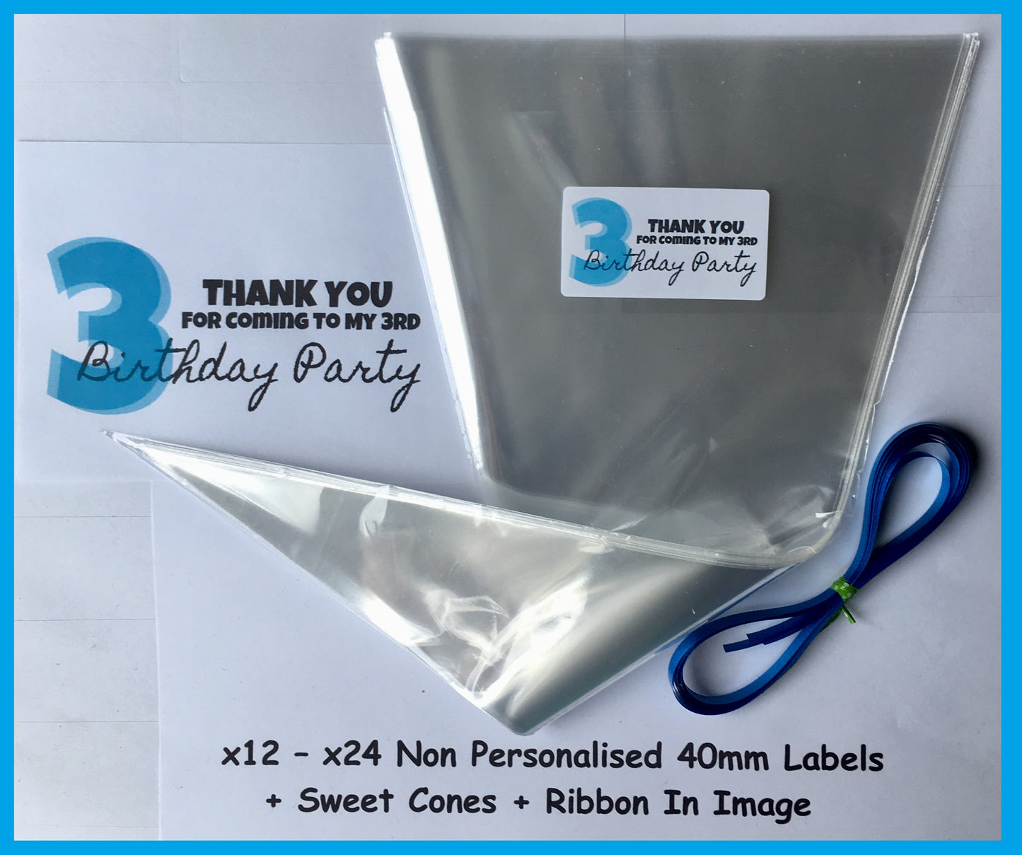 12/24 Thanks For Coming To My 3rd Birthday Party Blue Sweet Cones Labels
