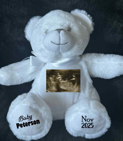 Personalised Soft Toy Plush Mumbles Print Me Teddy Bear, 💫 New Baby Scan White Teddy