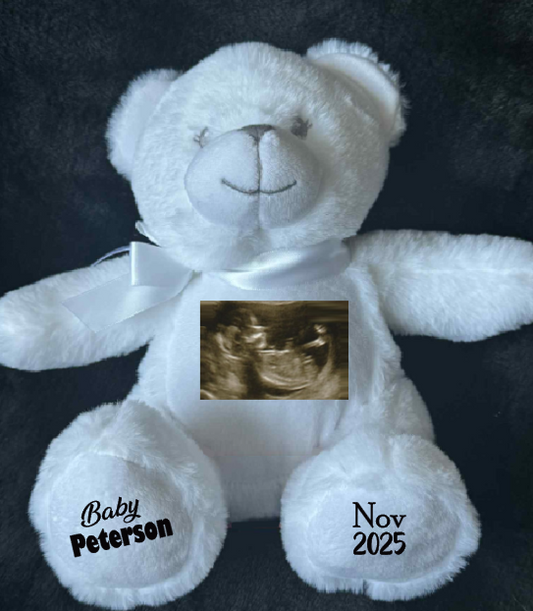 Personalised Soft Toy Plush Mumbles Print Me Teddy Bear, 💫 New Baby Scan White Teddy