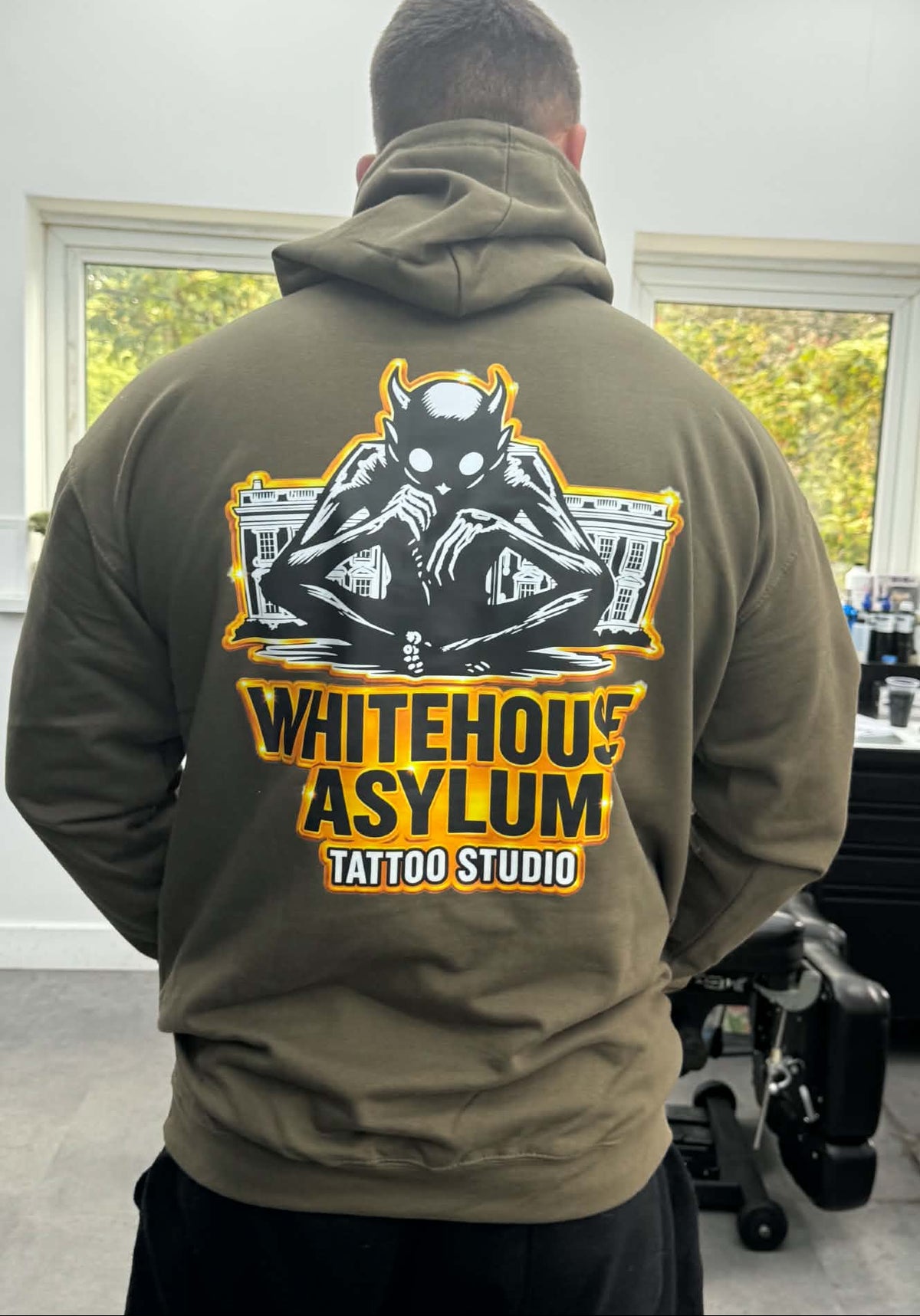 Official Whitehouse Asylum Tattoos Merchandise Hoodie Limited Edition Olive & Gold