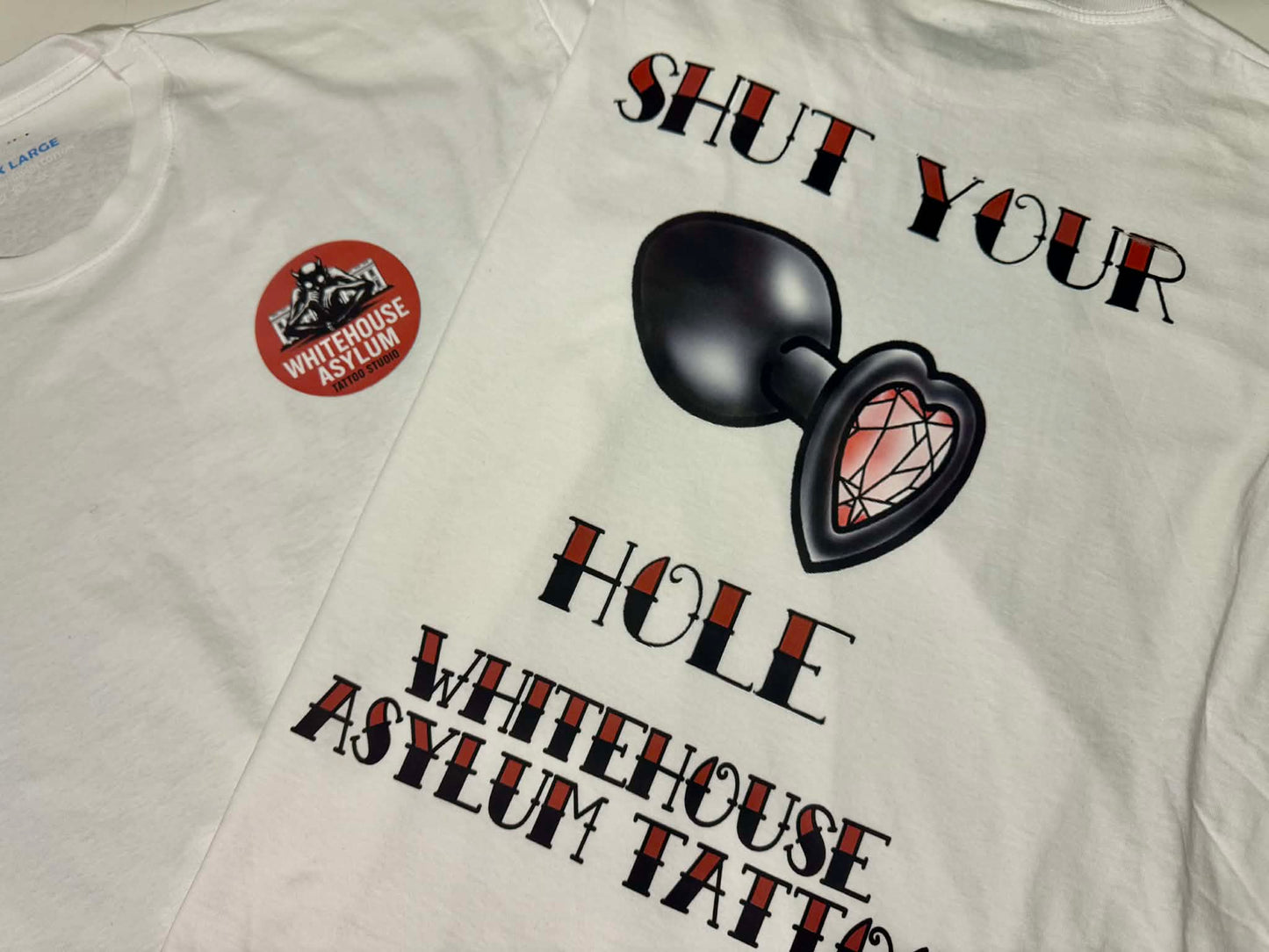 Official Whitehouse Asylum Tattoos Merchandise T-Shirt Shut Your Hole ( Butt Plug )