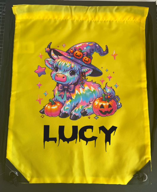 Halloween Drawstring Bag ( Pumpkin Colour Highland Cow )