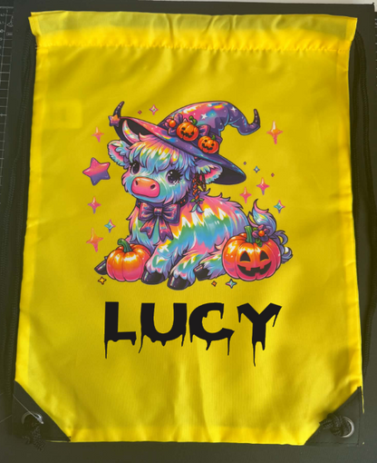 Halloween Drawstring Bag ( Pumpkin Colour Highland Cow )
