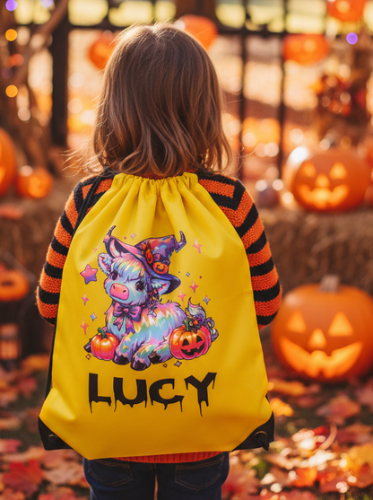 Halloween Drawstring Bag ( Pumpkin Colour Highland Cow )