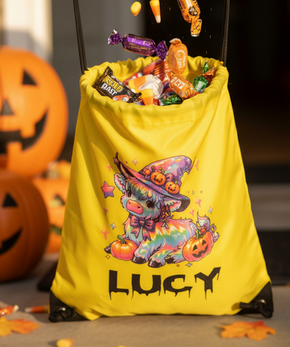 Halloween Drawstring Bag ( Pumpkin Colour Highland Cow )