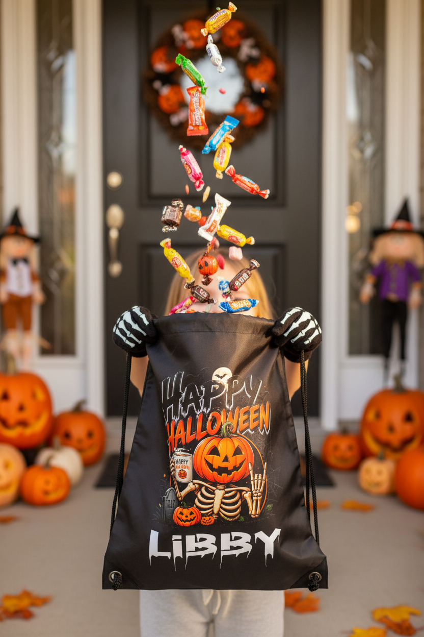 Halloween Drawstring Bag ( Pumpkin Skeleton )