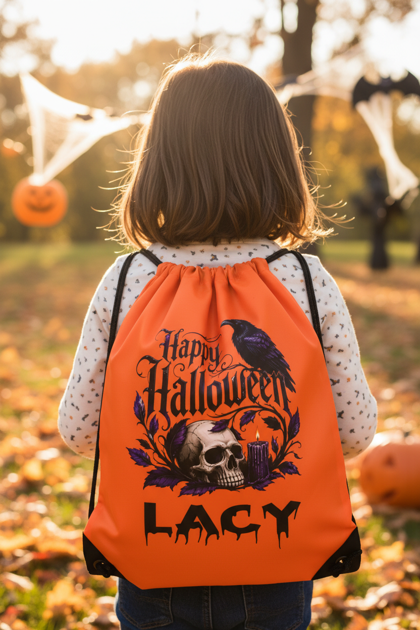 Halloween Drawstring Bag ( Purple Crow & Skull )