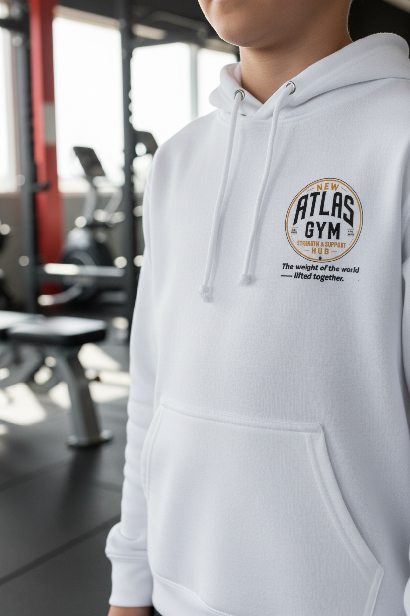 🏋️‍♂️ **New Atlas Gym** 🏋️‍♂️Official Merchandise Soft Cotton 280GSM Gym Hoodie ( White )